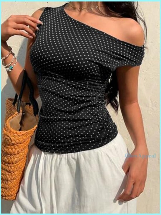 Off Shoulder Sleeveless Tank Top Ruched Slim Fit Polka Dot Y2K - Picture 2 of 7